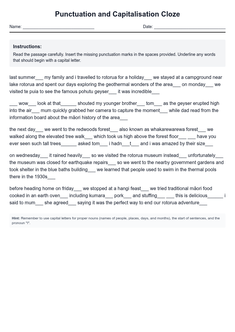 Punctuation and Capitalisation Cloze