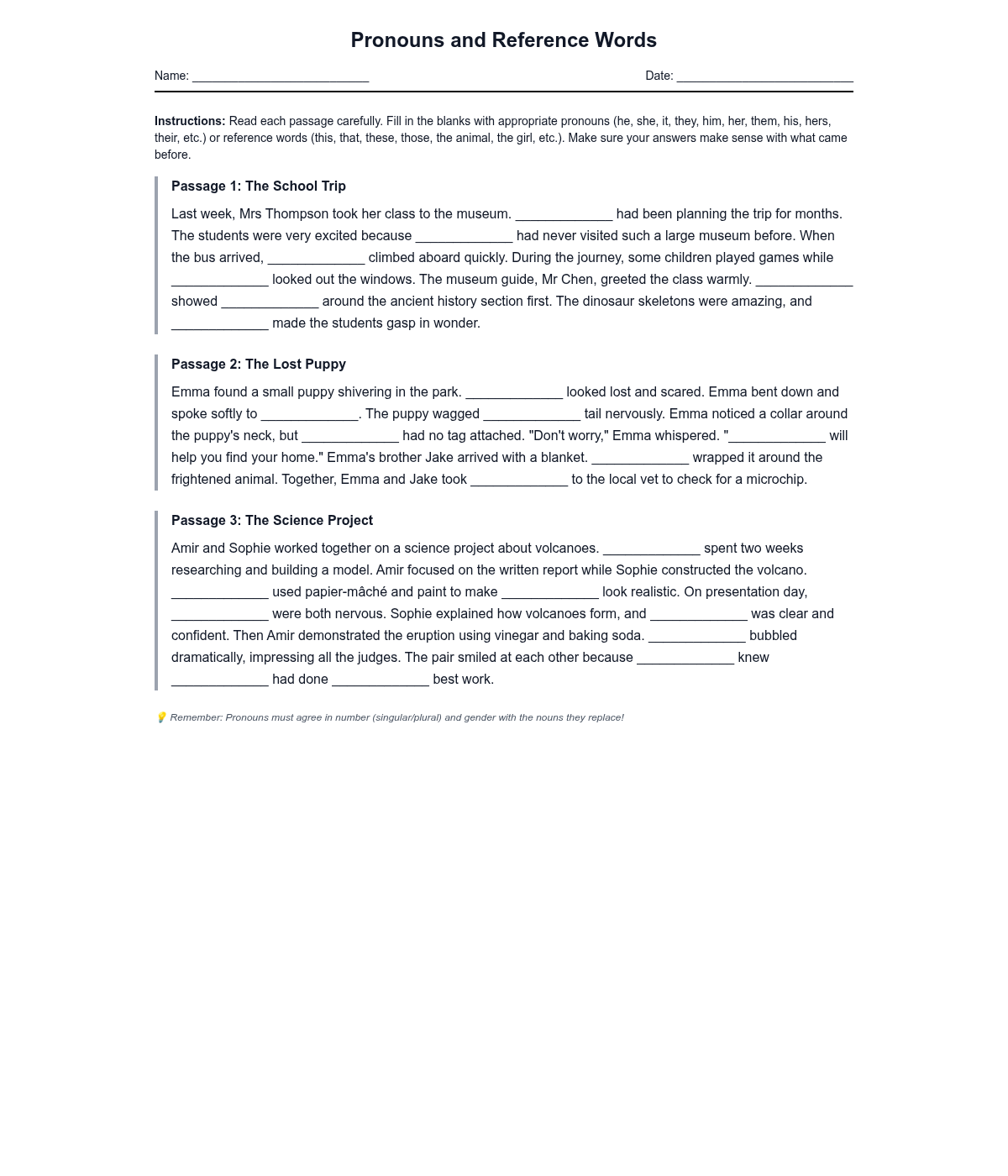 Pronouns and Reference Words Cloze Reading