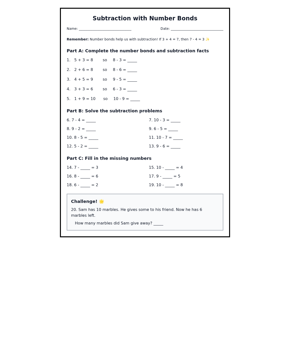 Subtraction with Number Bonds