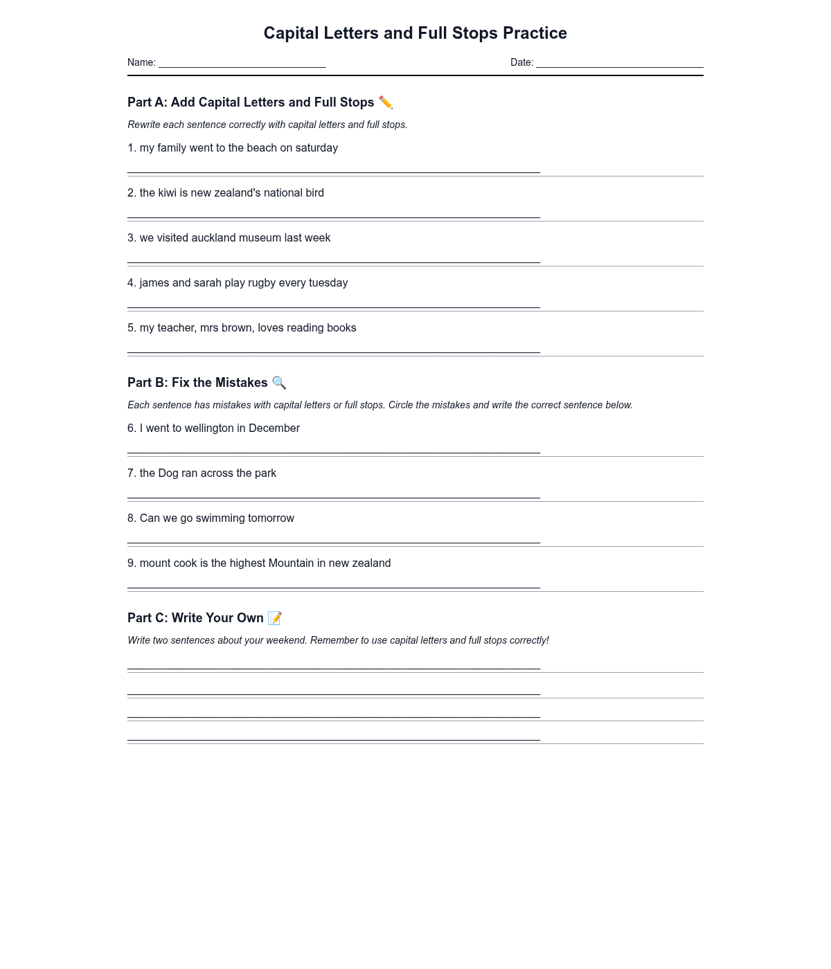 Capital Letters and Full Stops Practice