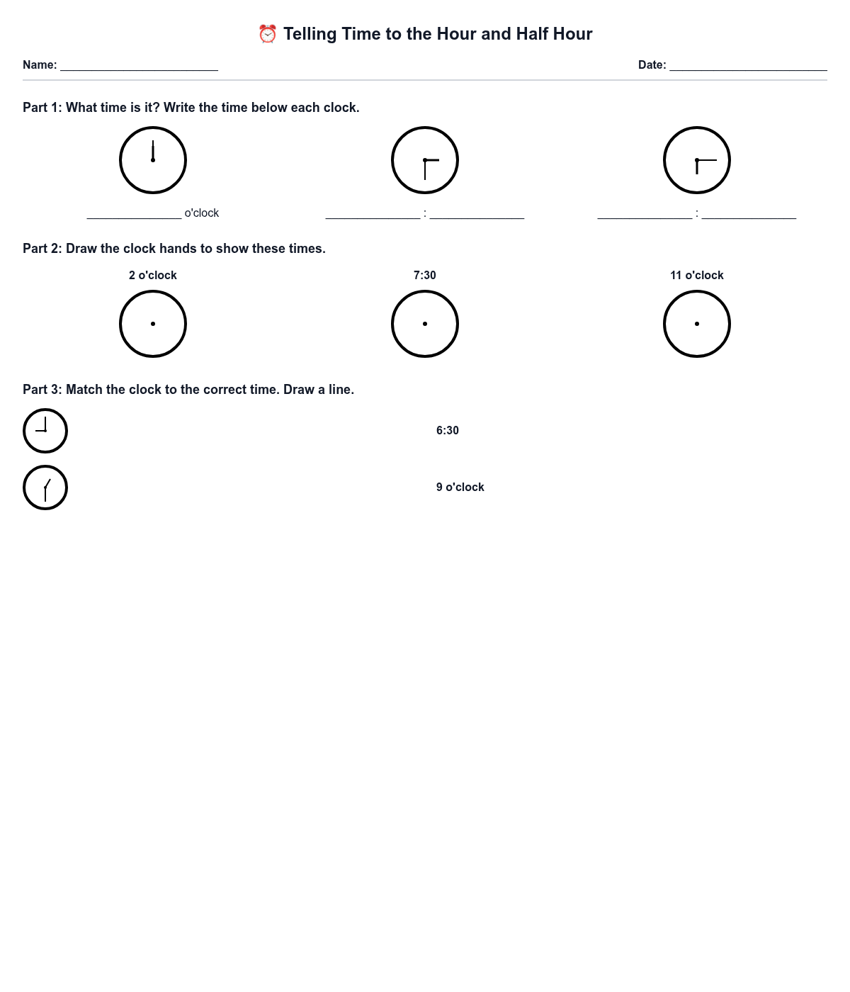 Telling Time to the Hour and Half Hour