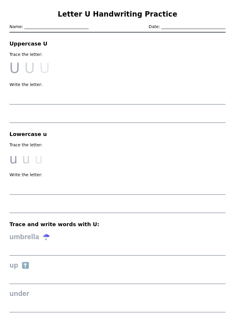 Letter U Handwriting Practice