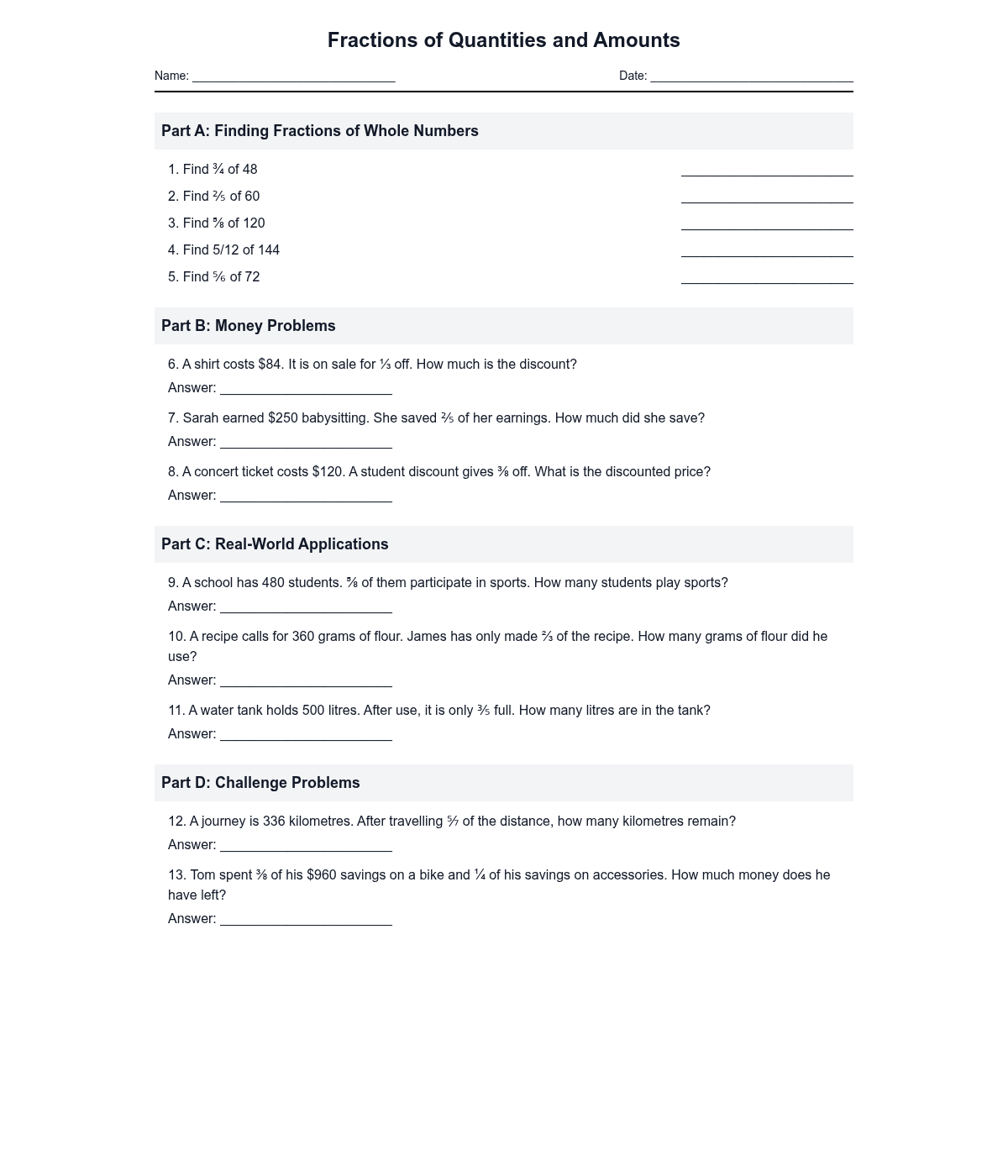 Fractions of Quantities and Amounts
