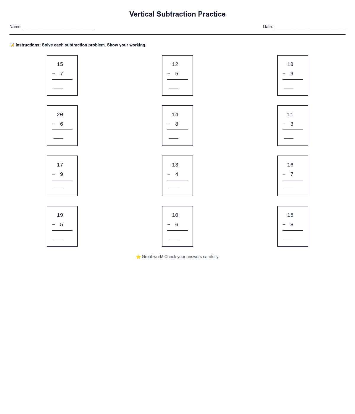 Vertical Subtraction Practice