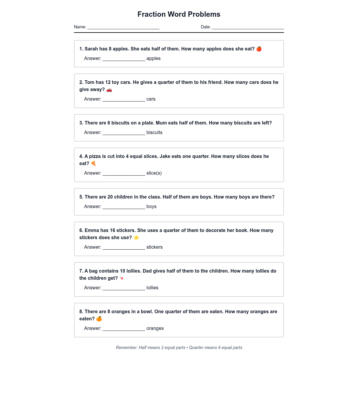 Fraction Word Problems - Halves and Quarters