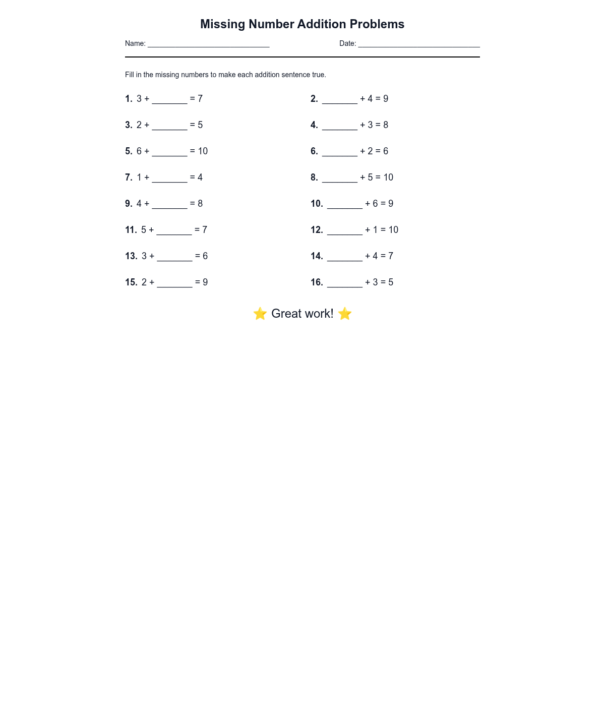 Missing Number Addition Problems