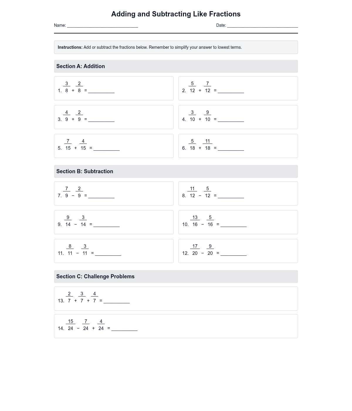Adding and Subtracting Like Fractions