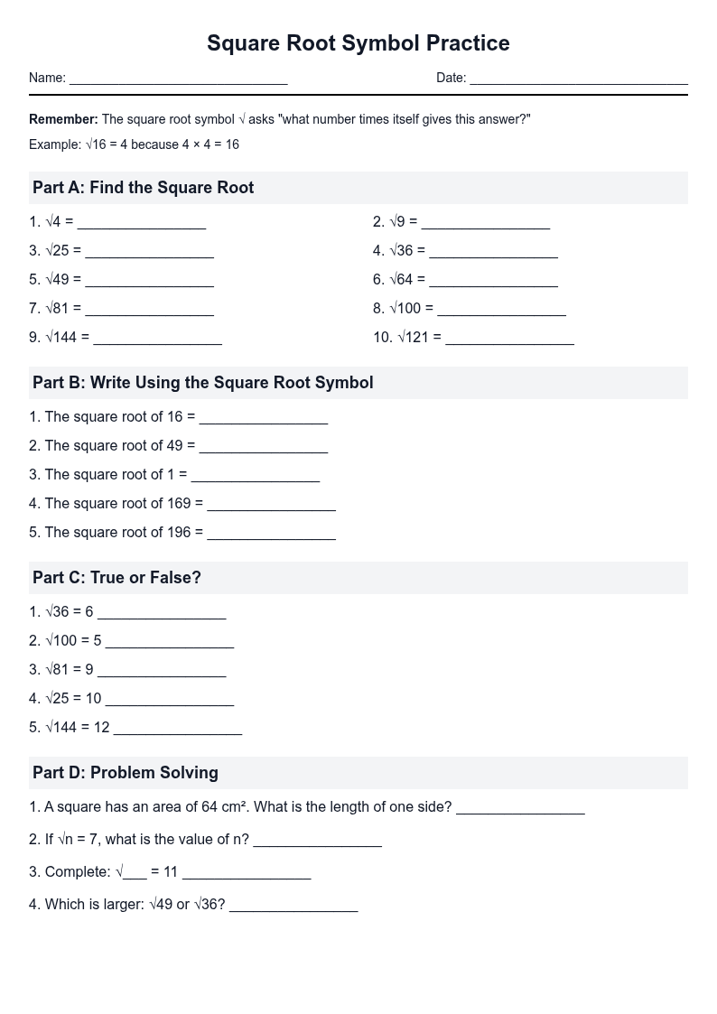Square Root Symbol Practice