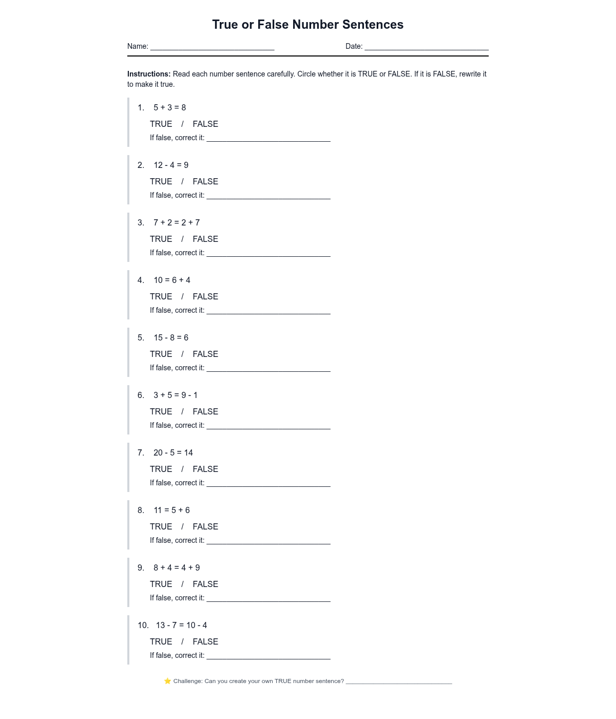 True or False Number Sentences