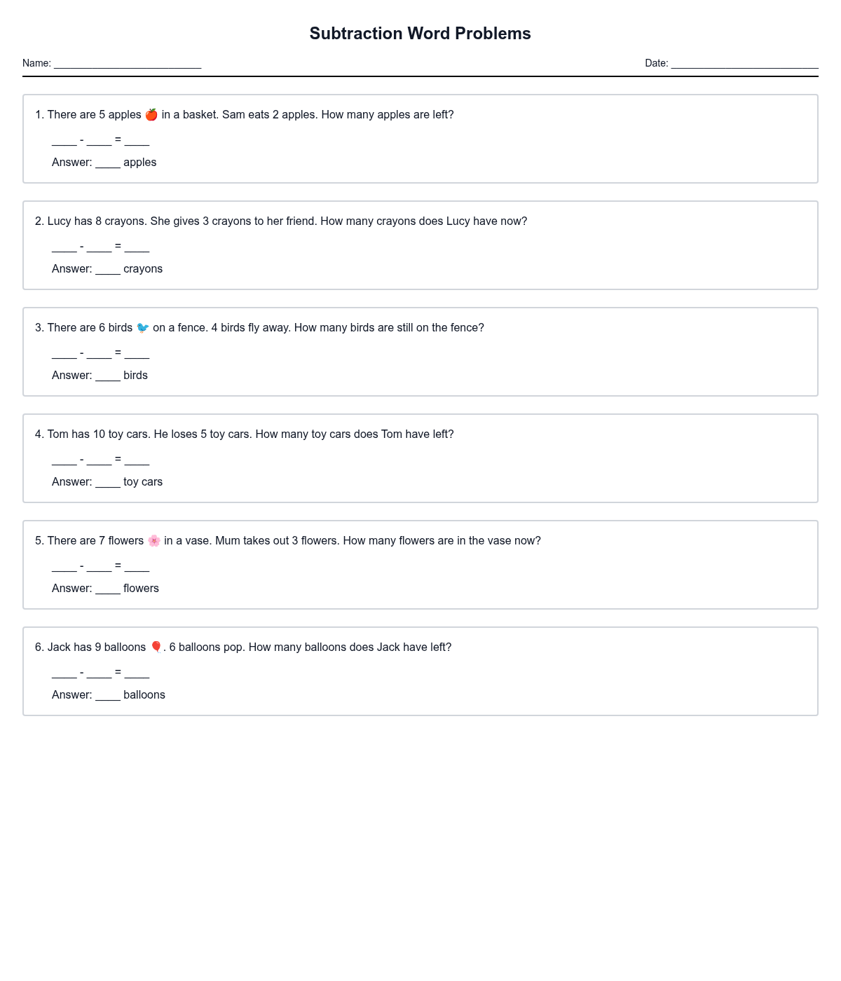 Subtraction Word Problems