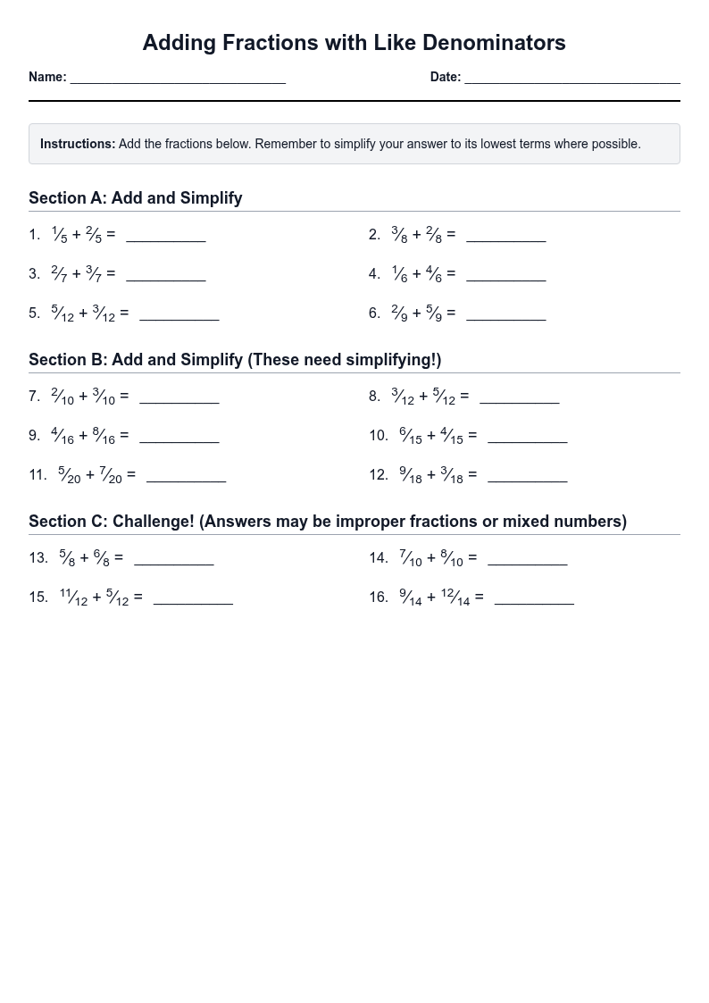 Adding Fractions with Like Denominators