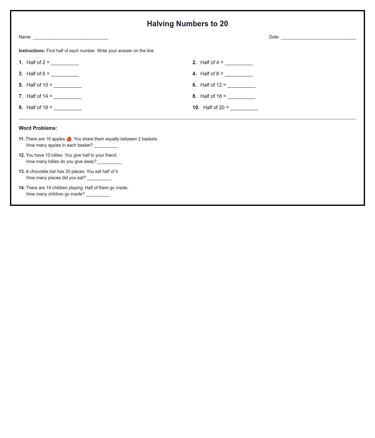 Halving Numbers to 20