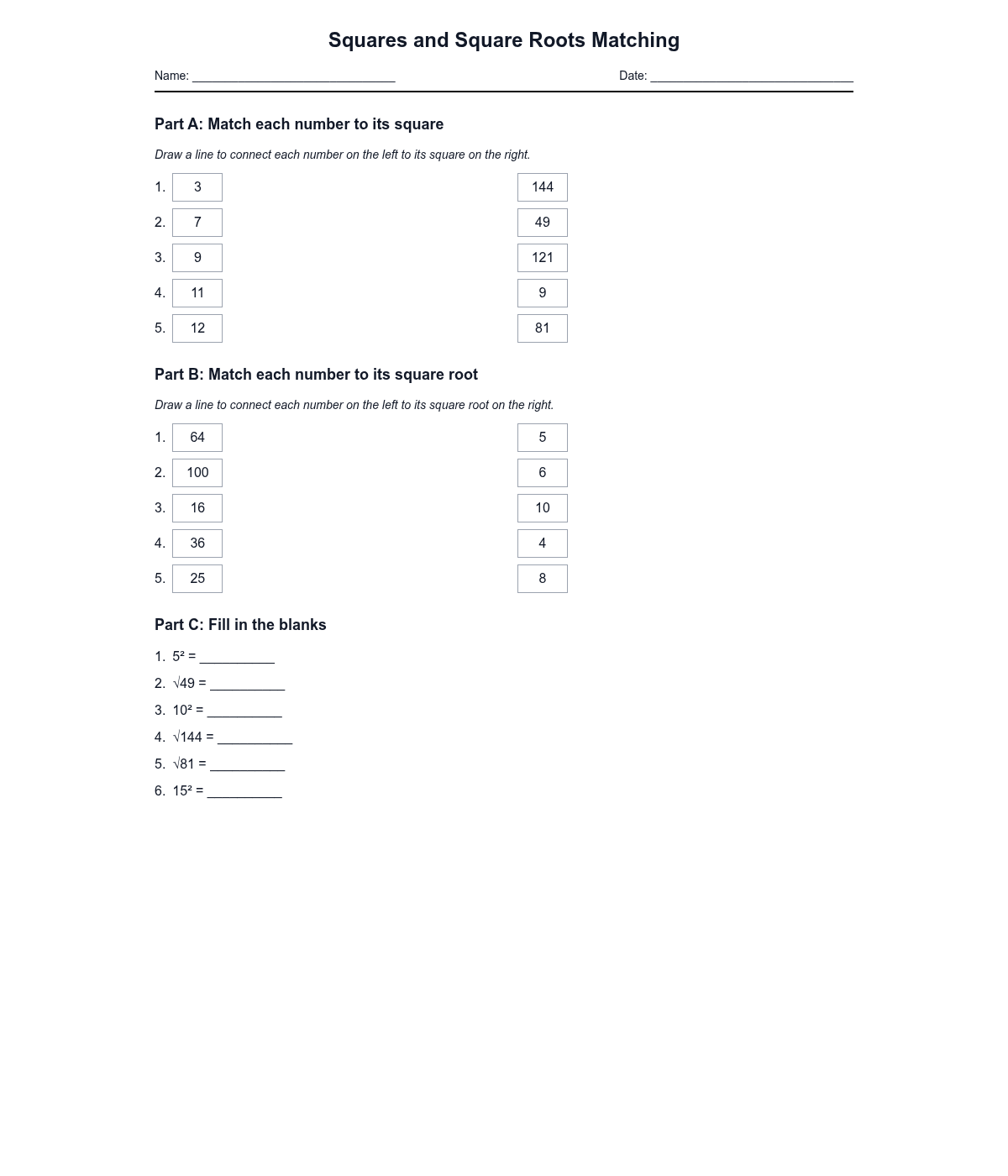 Squares and Square Roots Matching
