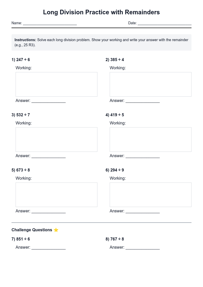 Long Division Practice with Remainders