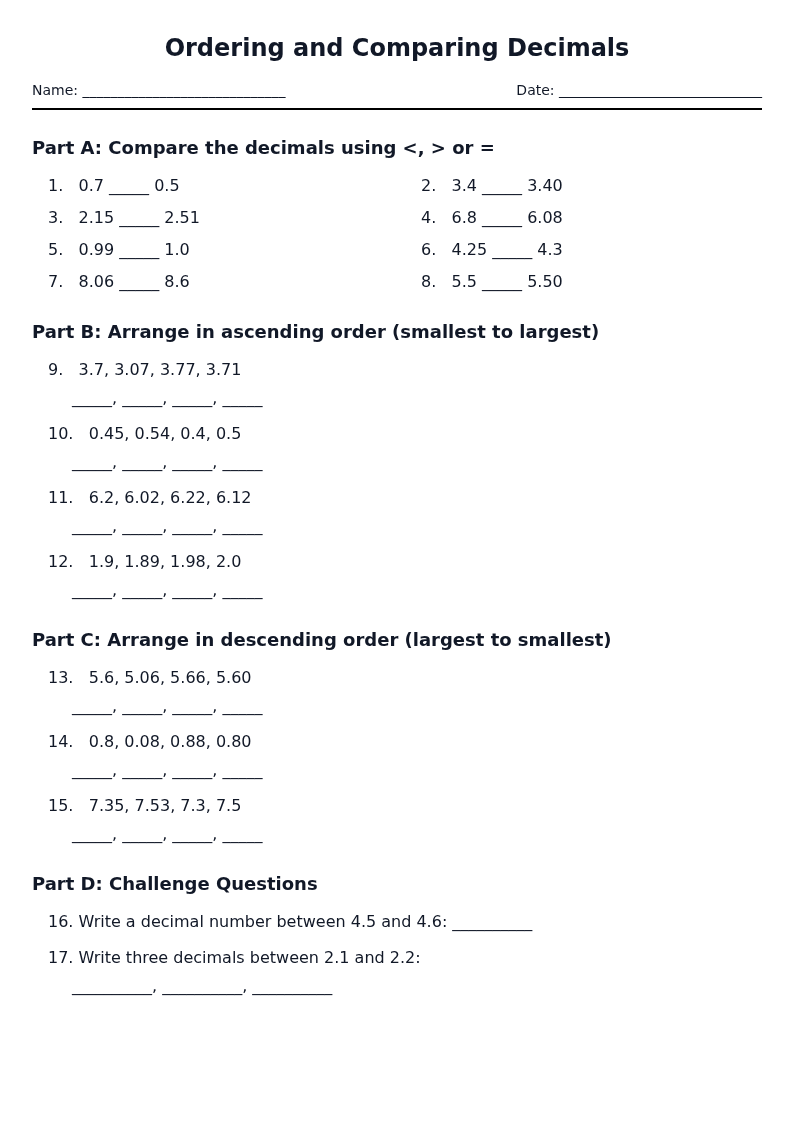 Ordering and Comparing Decimals