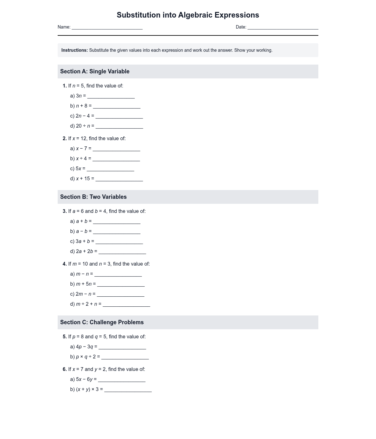 Substitution into Algebraic Expressions