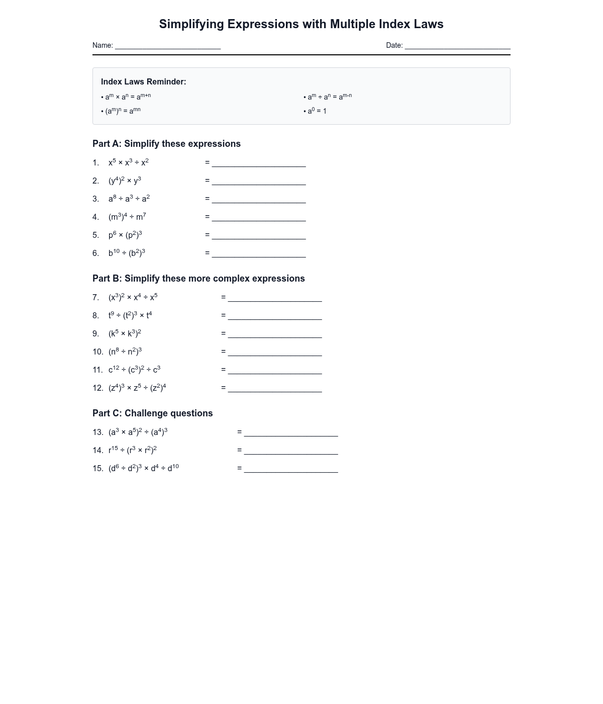 Simplifying Expressions with Multiple Index Laws