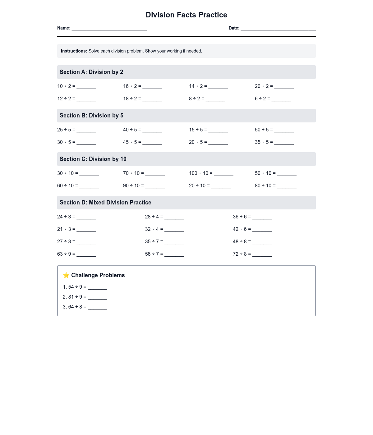 Division Facts Practice