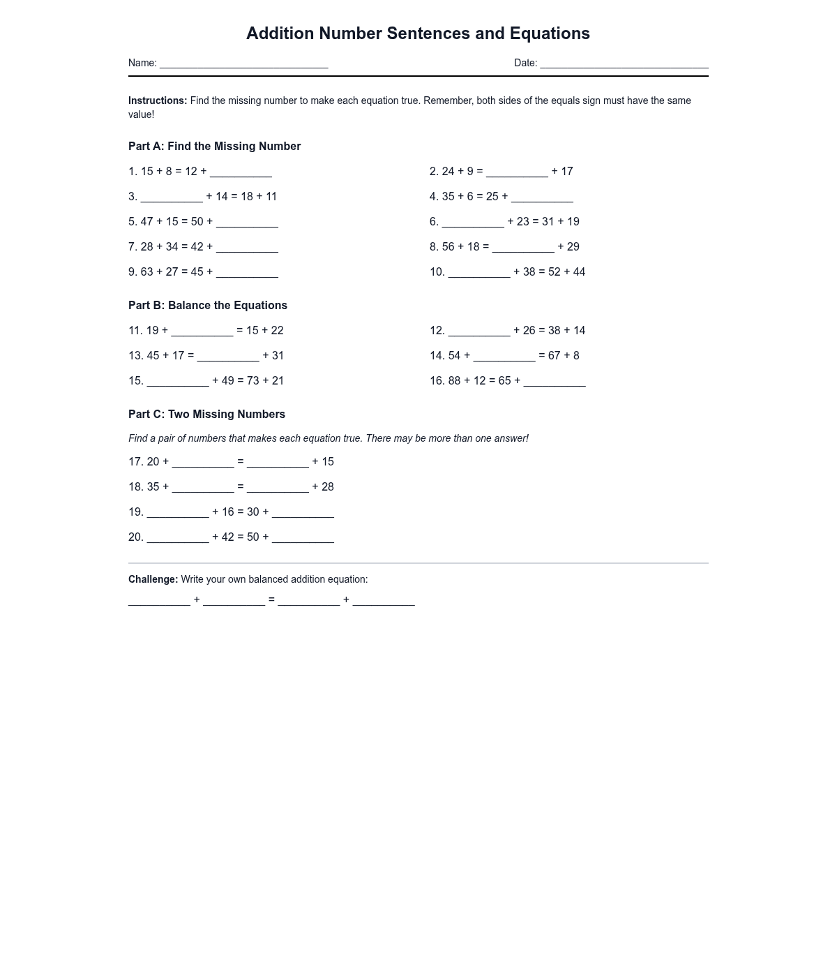 Addition Number Sentences and Equations