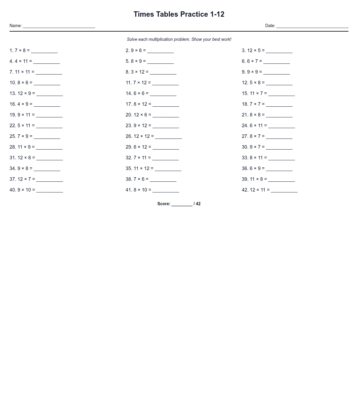 Times Tables Practice 1-12