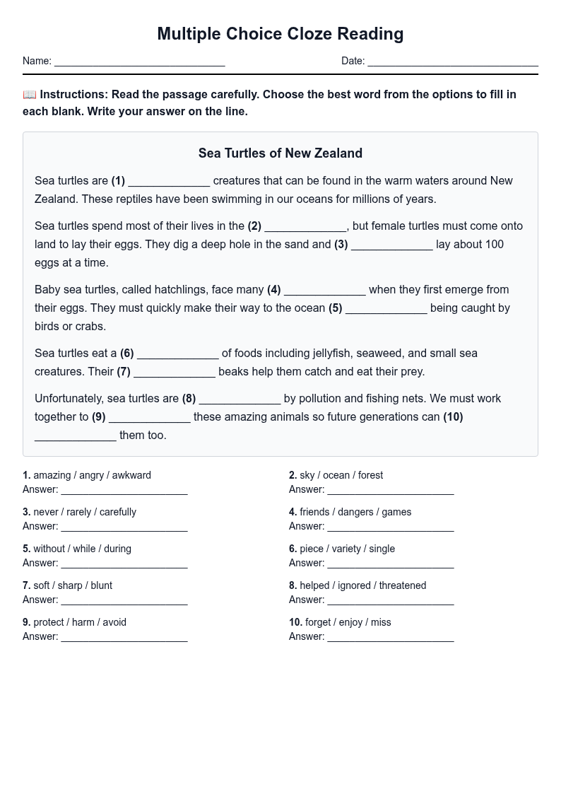 Multiple Choice Cloze Reading Worksheet
