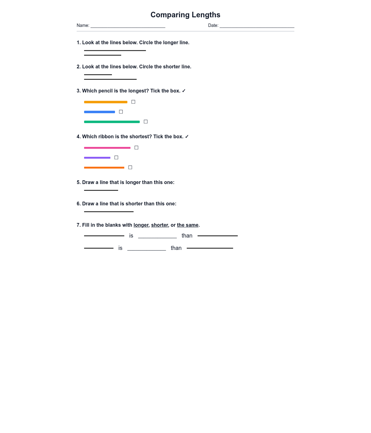 Comparing Lengths Worksheet