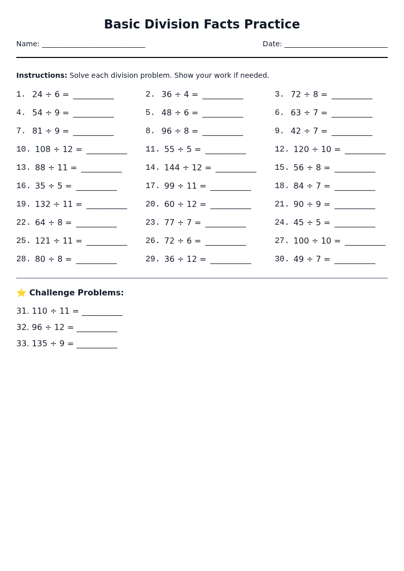 Basic Division Facts Practice