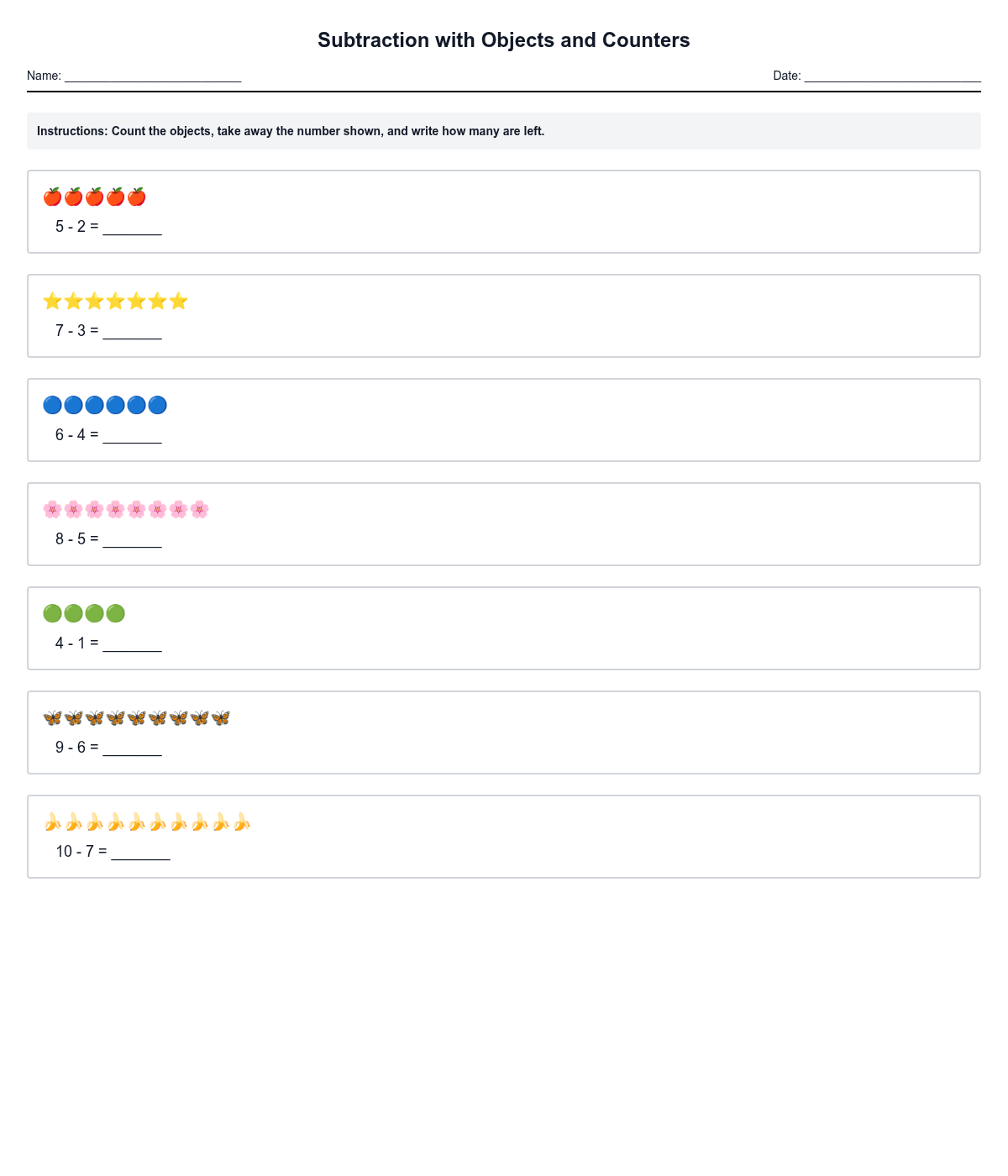 Subtraction with Objects and Counters