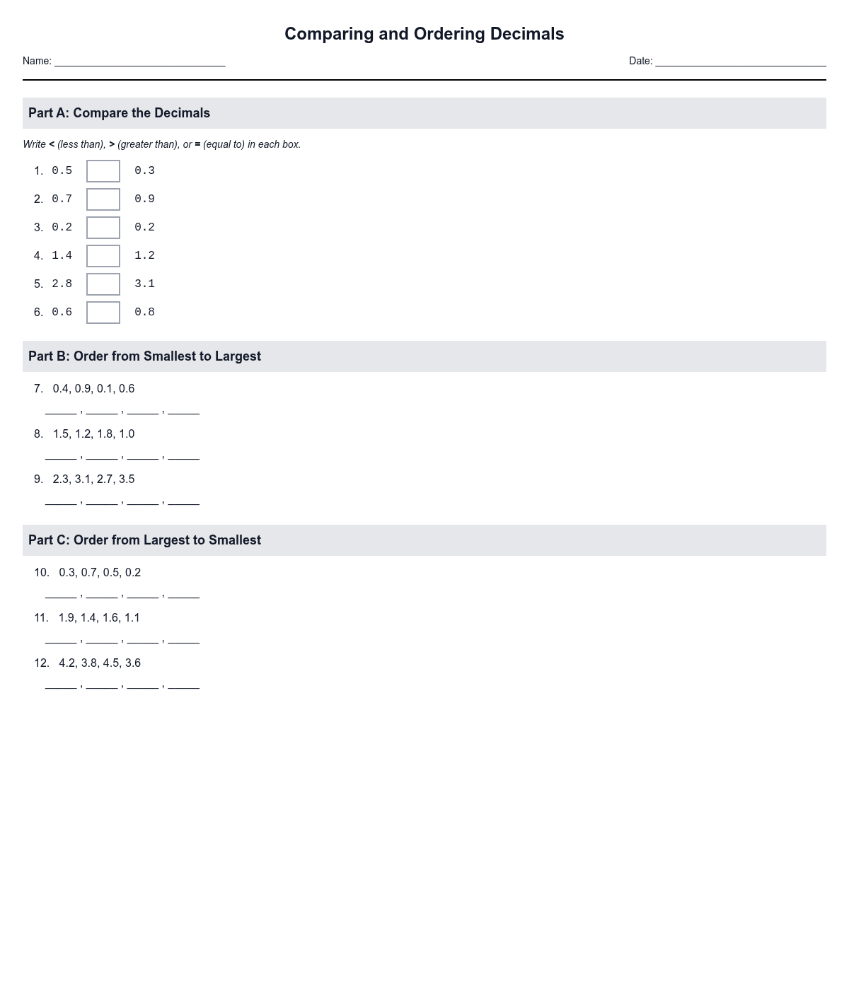 Comparing and Ordering Decimals