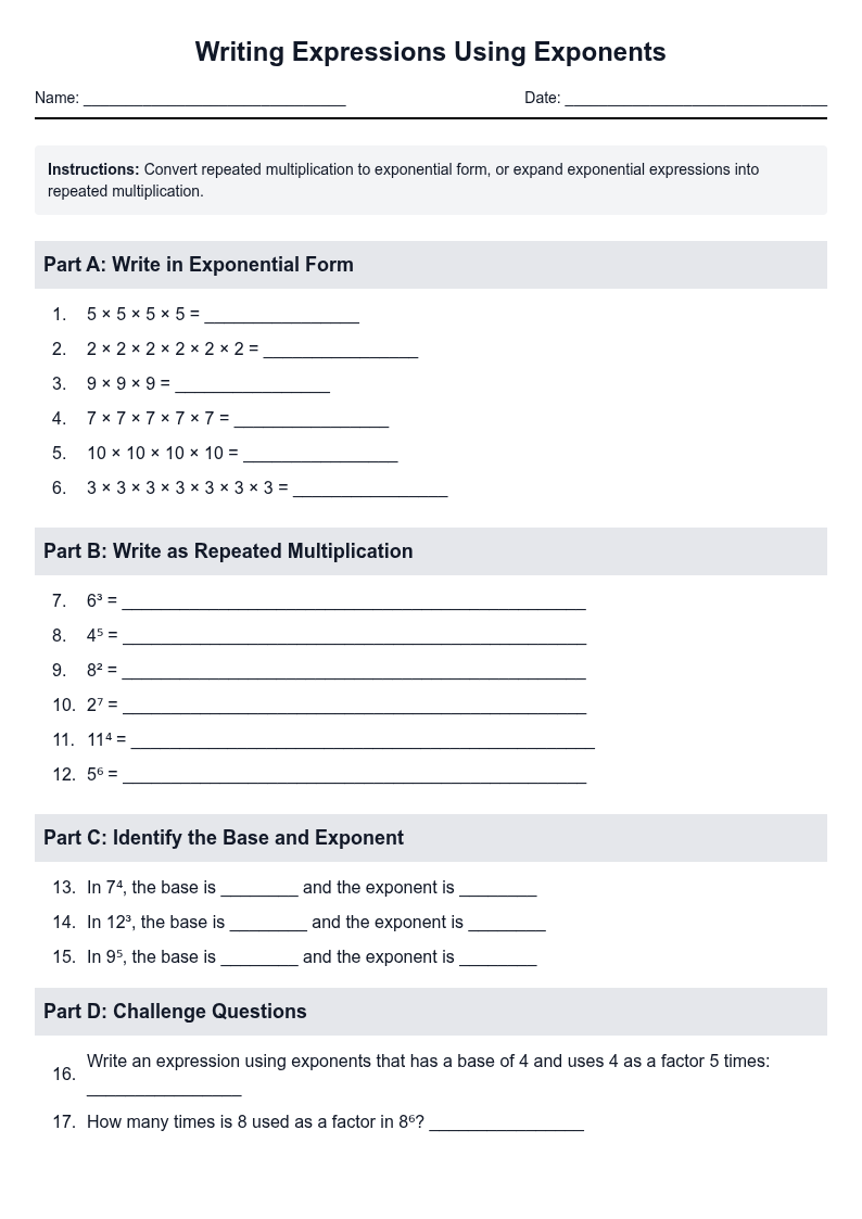 Writing Expressions Using Exponents