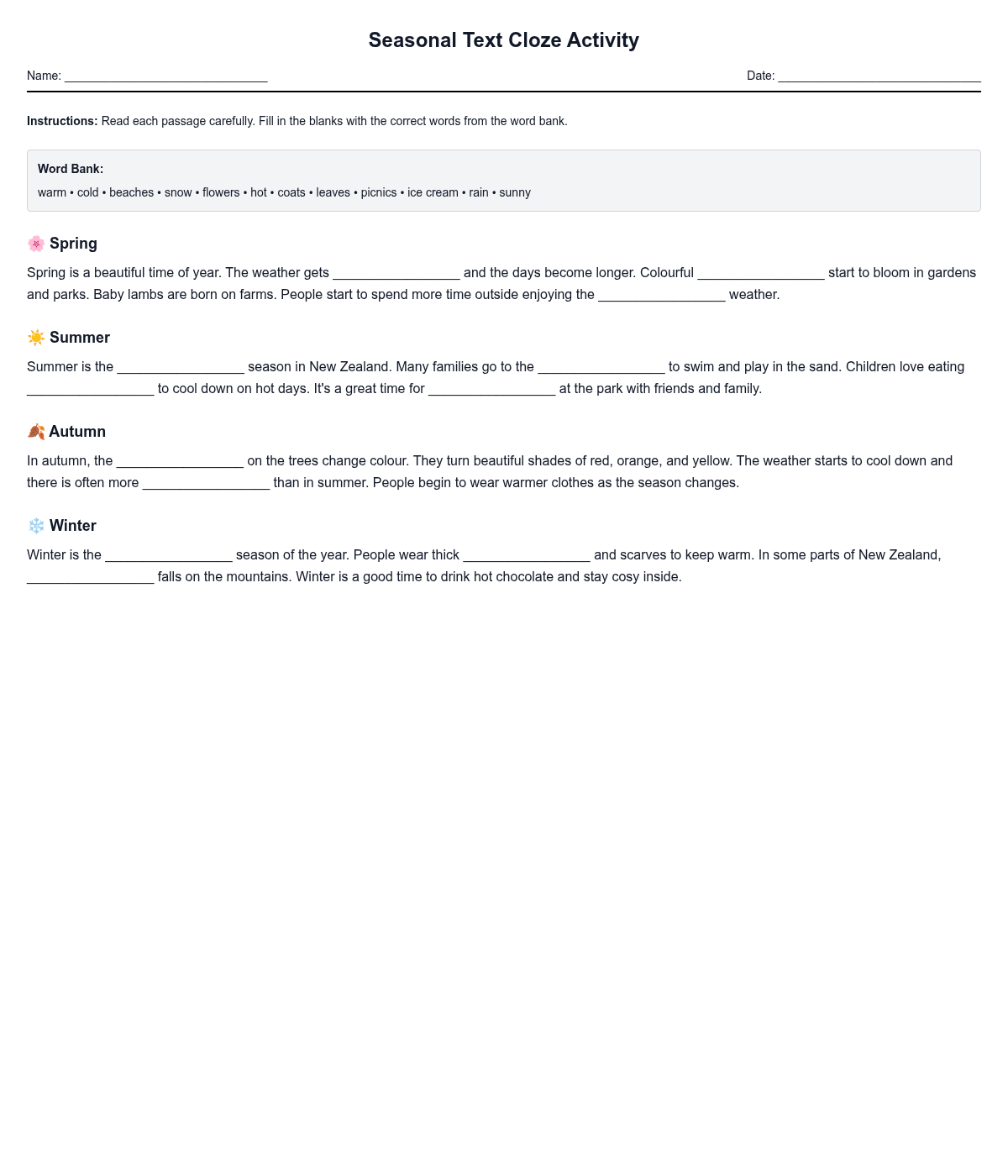 Seasonal Text Cloze Activity