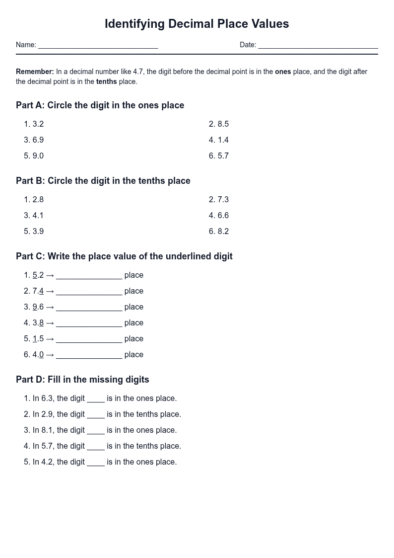 Identifying Decimal Place Values