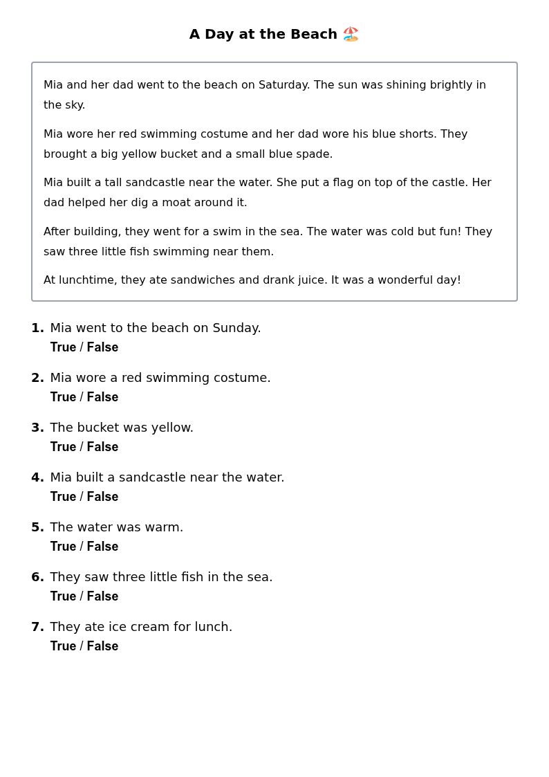 Short Story with True or False