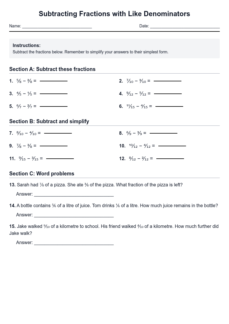 Subtracting Fractions with Like Denominators