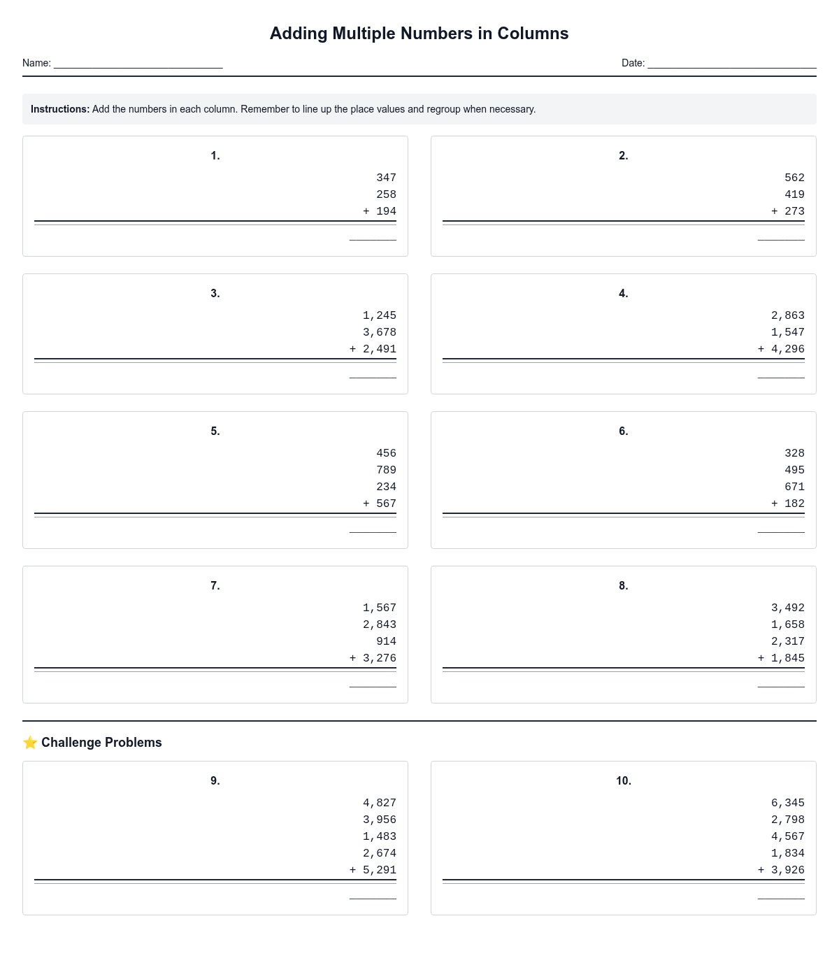 Adding Multiple Numbers in Columns