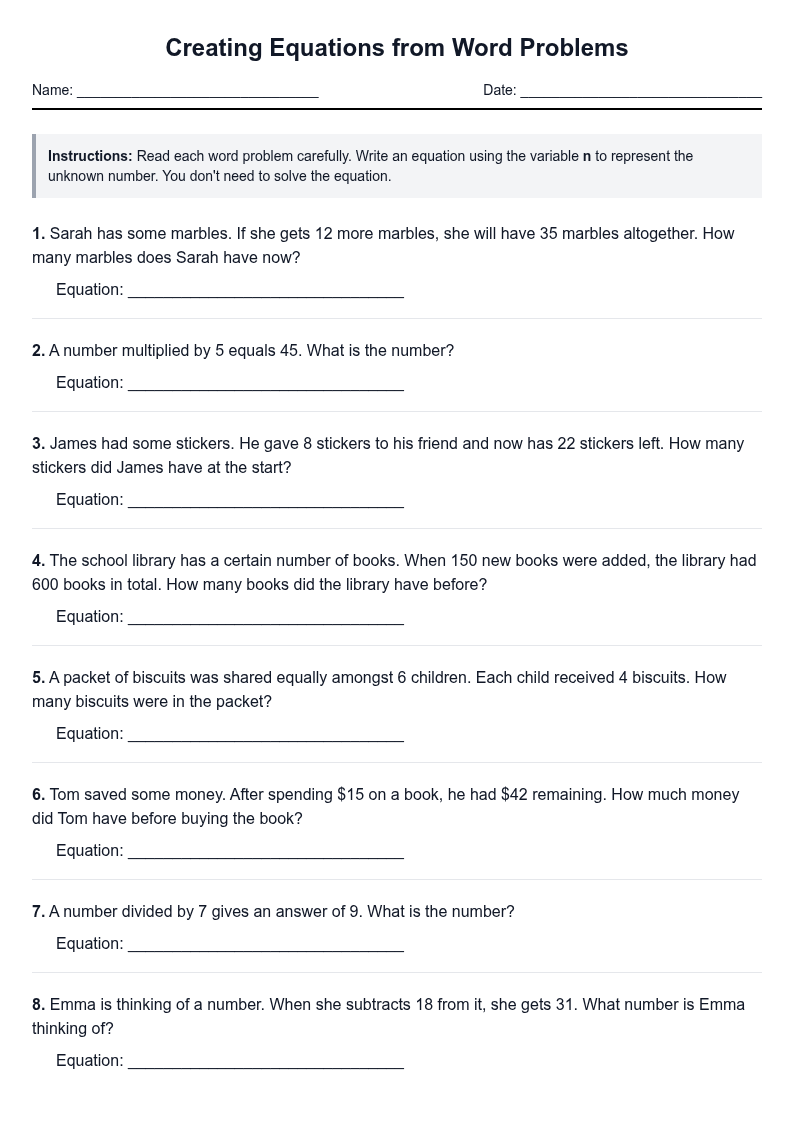 Creating Equations from Word Problems