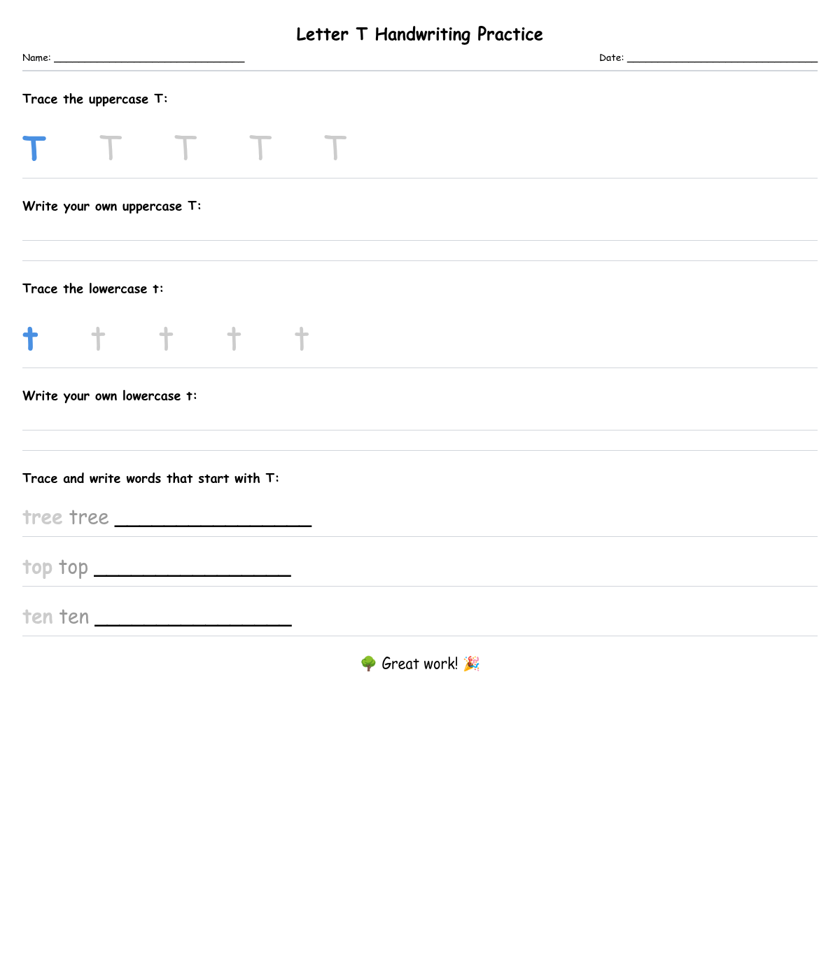 Letter T Handwriting Practice