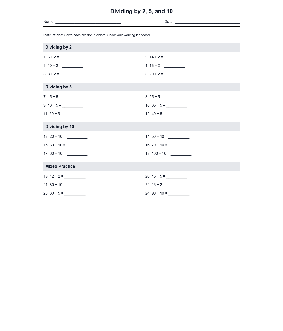 Dividing by 2, 5, and 10