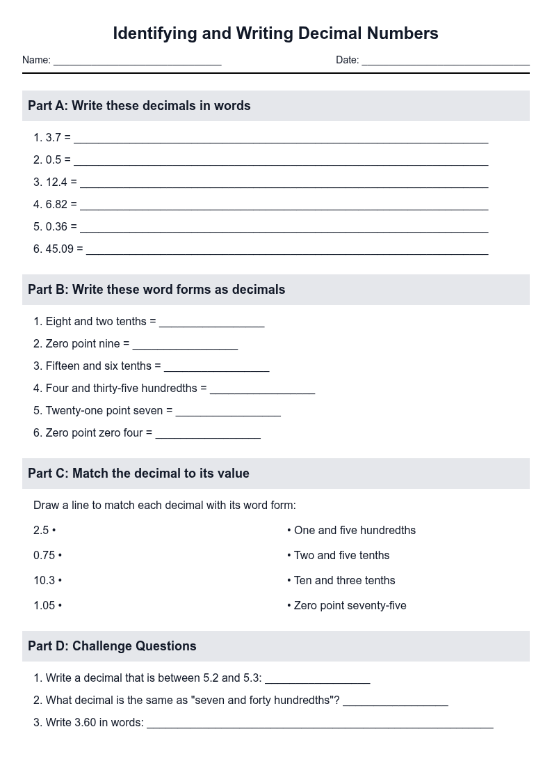 Identifying and Writing Decimal Numbers