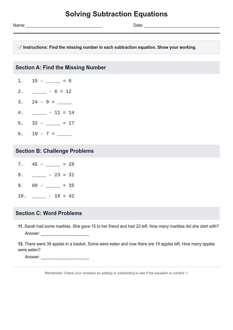 Solving Subtraction Equations