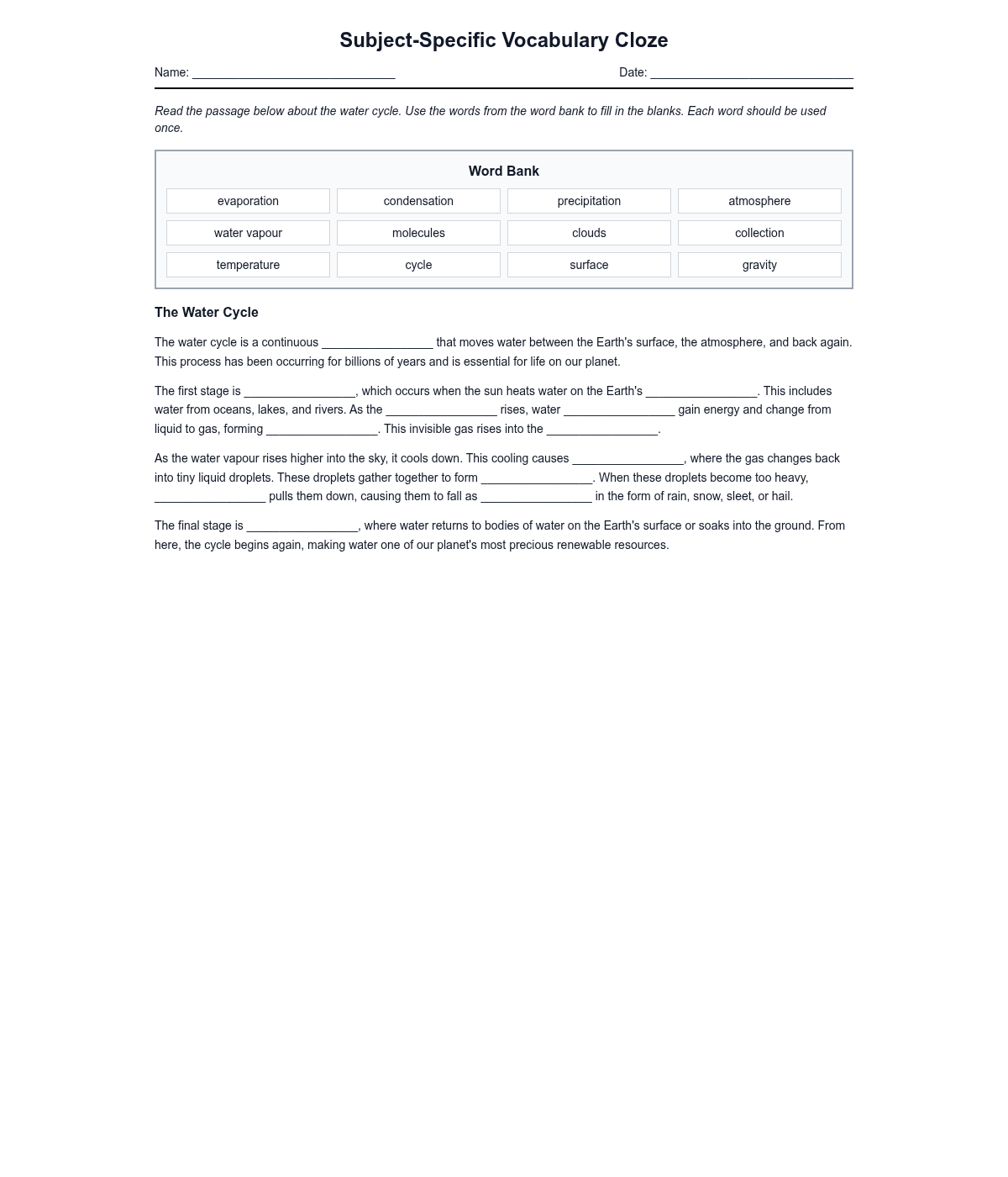 Subject-Specific Vocabulary Cloze