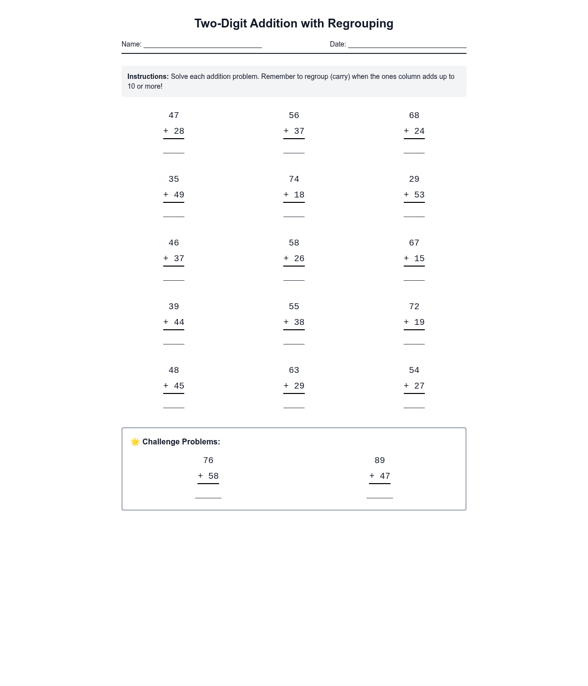 Two-Digit Addition with Regrouping