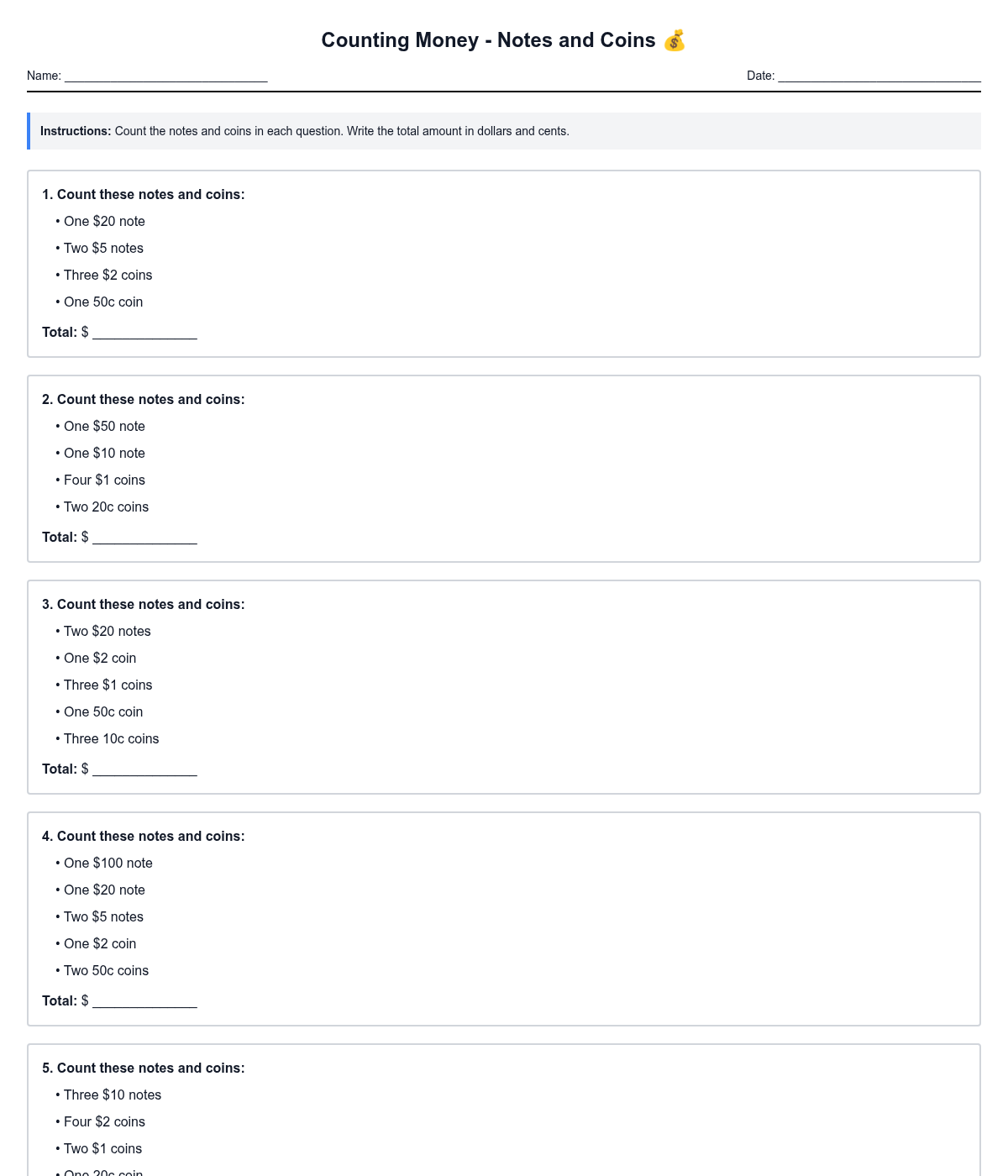 Counting Money - Notes and Coins