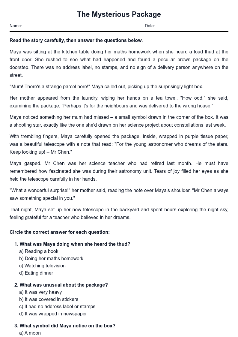 The Mysterious Package - Reading Comprehension