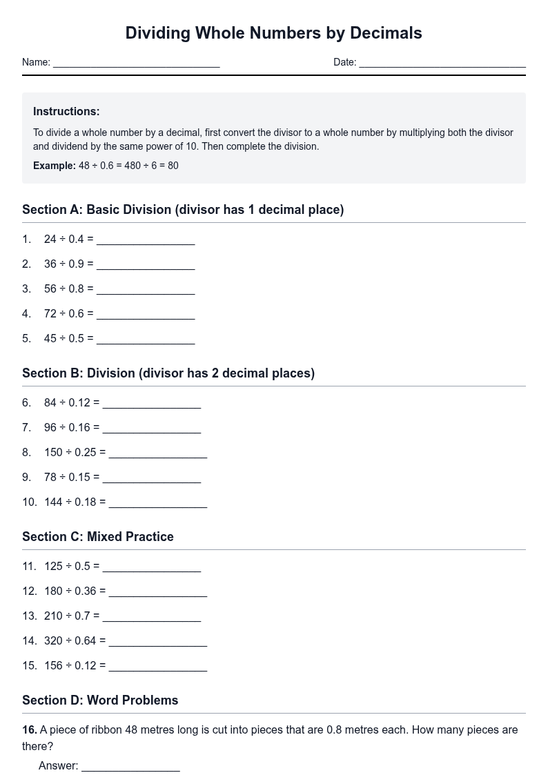 Dividing Whole Numbers by Decimals