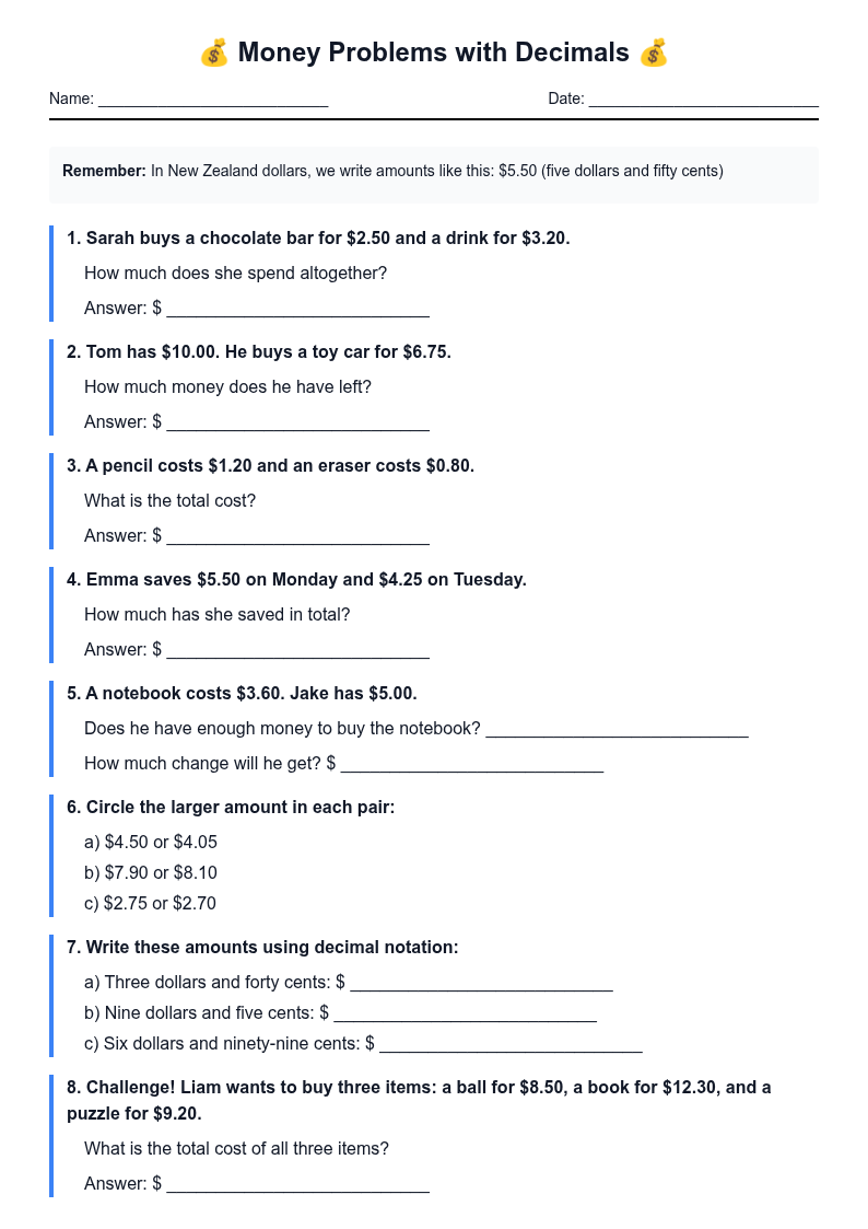 Money Problems with Decimals