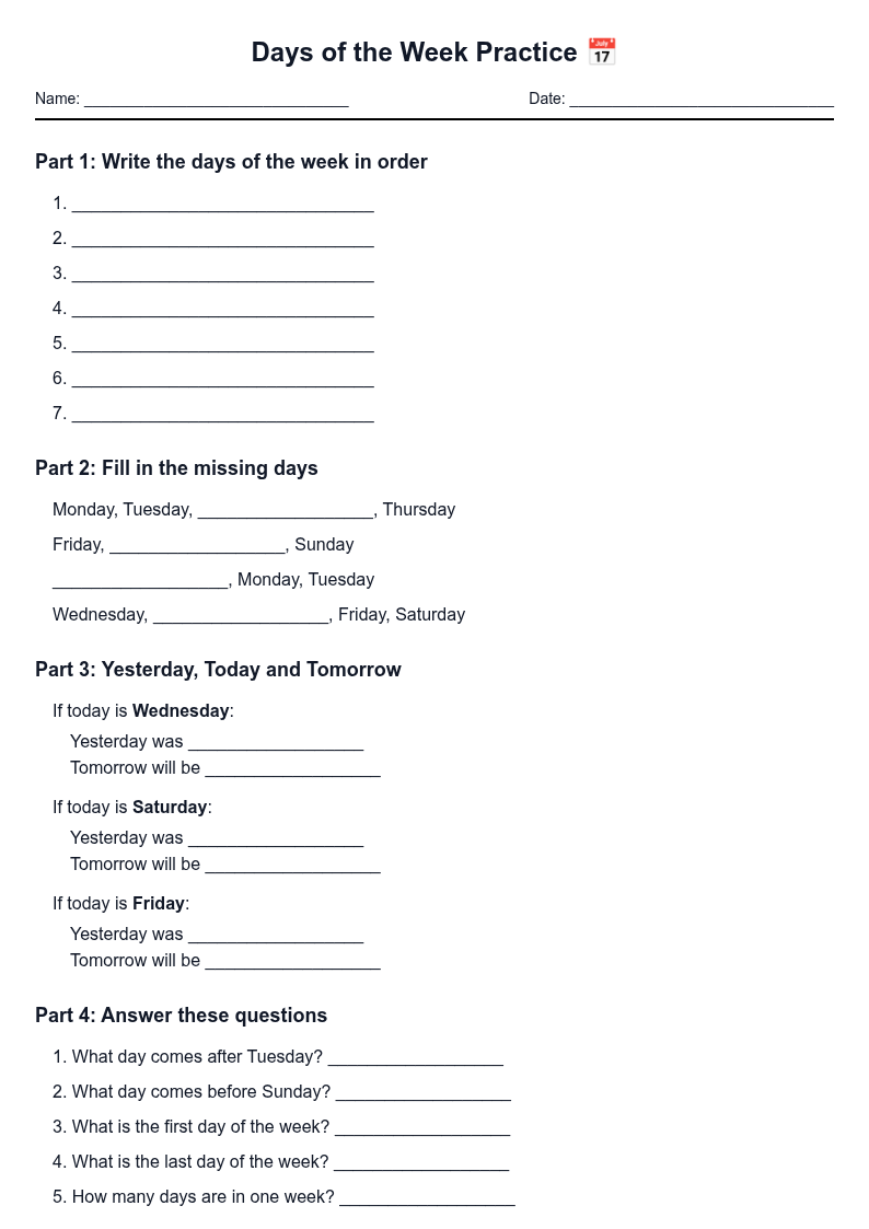 Days of the Week Practice
