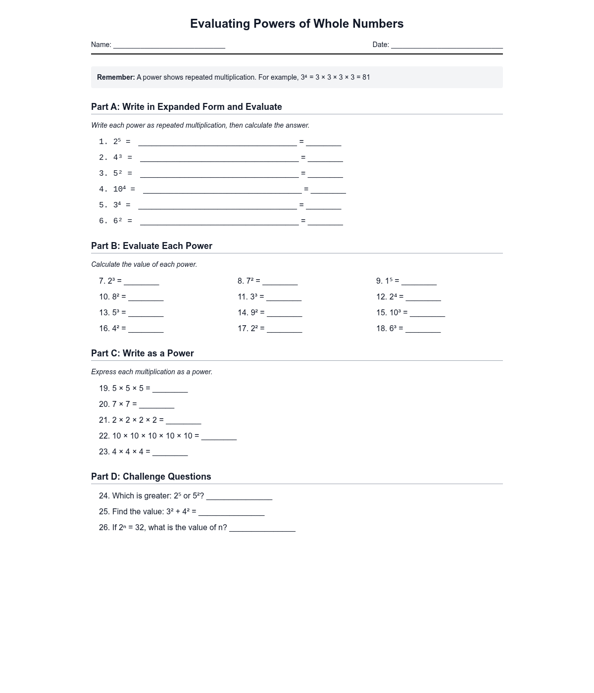 Evaluating Powers of Whole Numbers