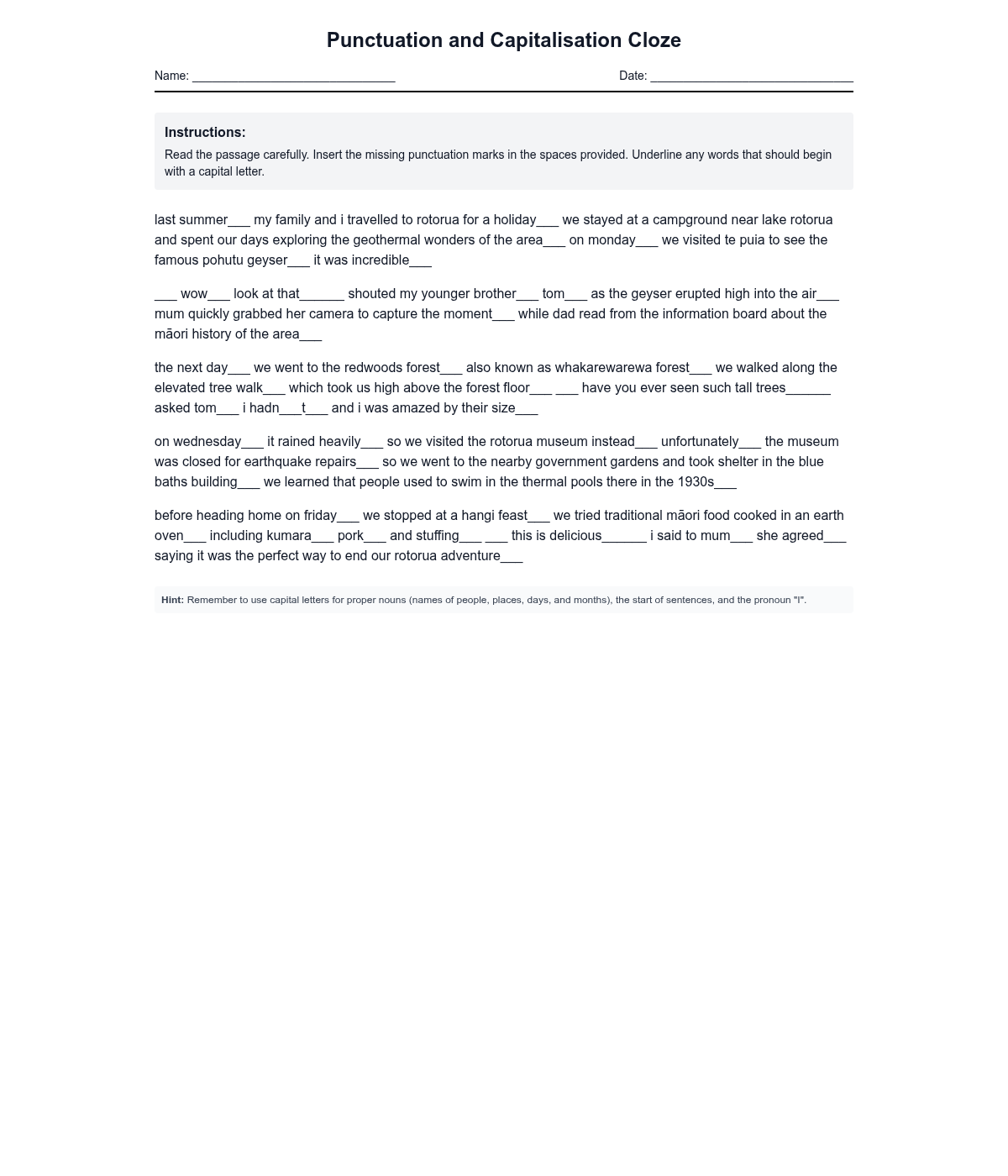 Punctuation and Capitalisation Cloze