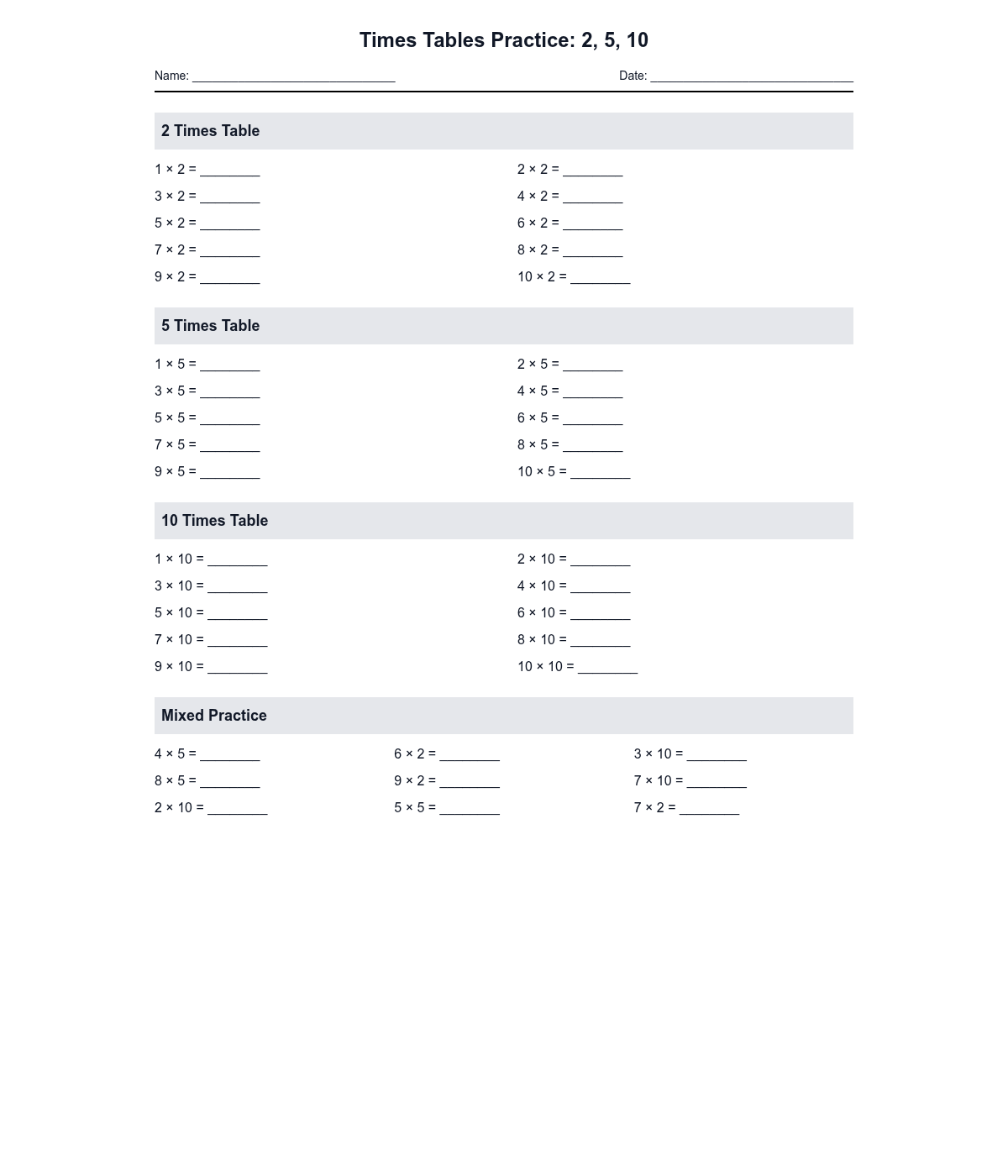 Times Tables Practice 2, 5, 10